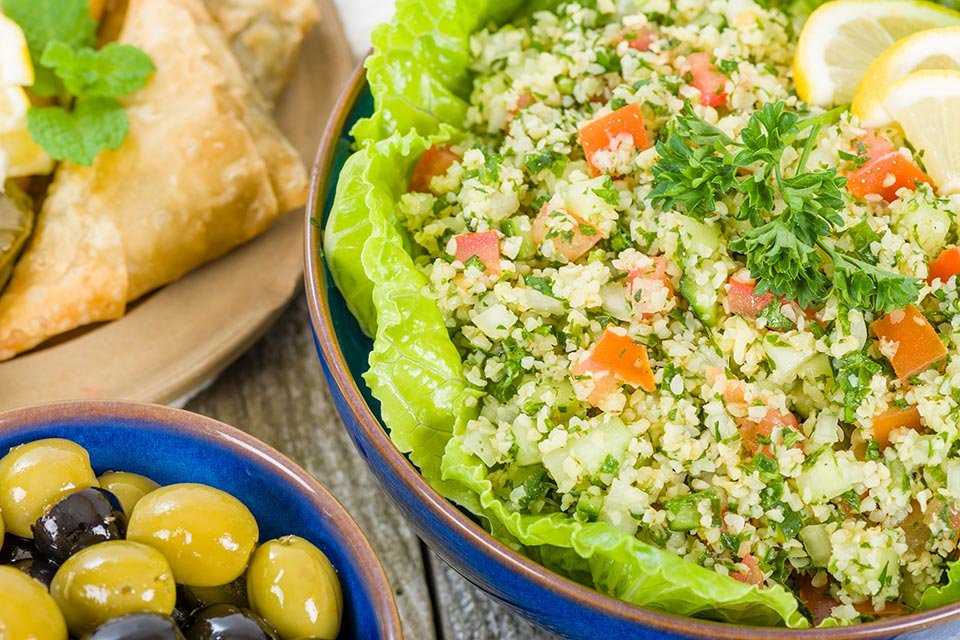 assorted meze snacks with tabbouleh